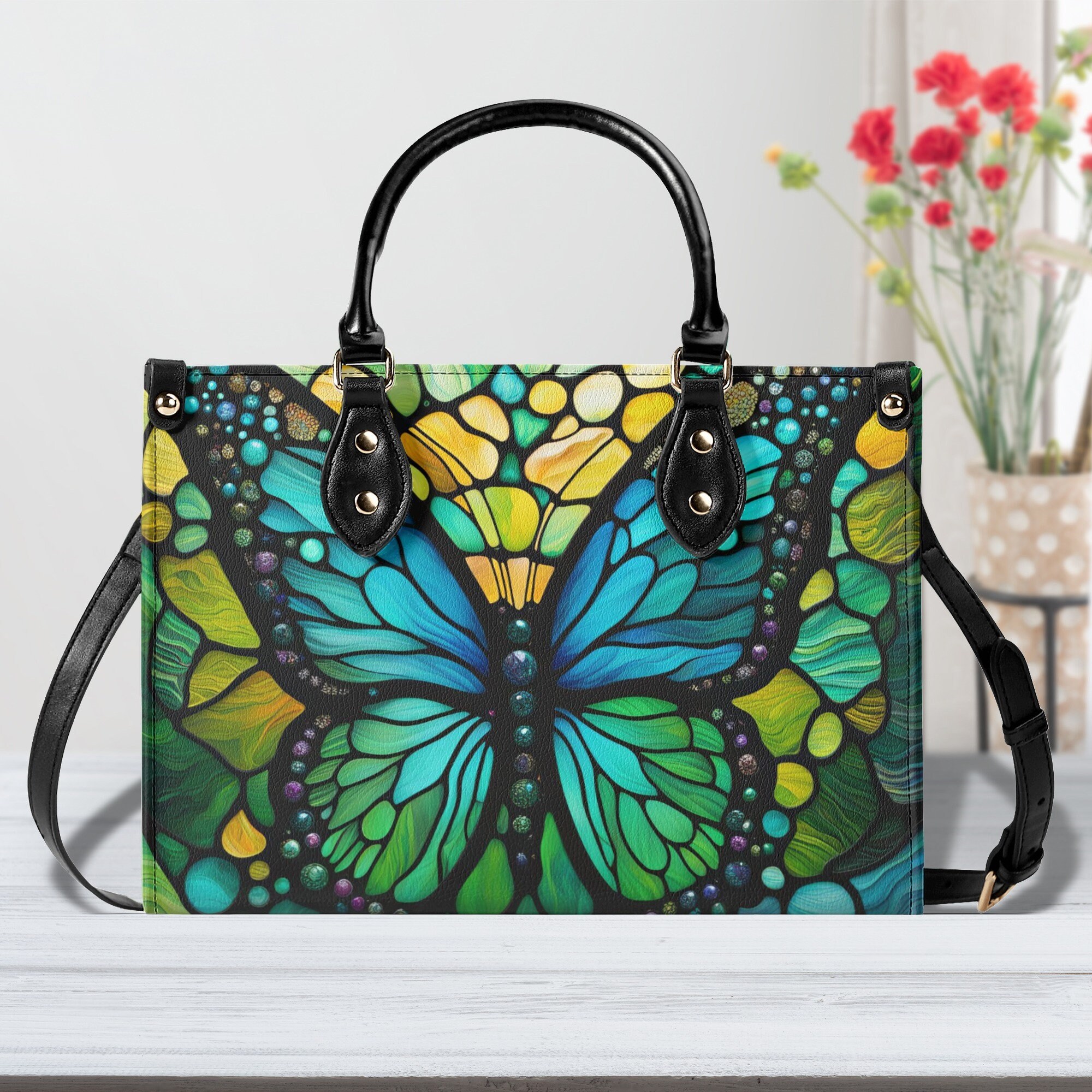 Elegant Turquoise Butterfly Tote Purse, Blue Green Stained Glass Handbag Vegan Leather Bag