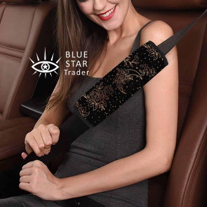 Copri cintura di sicurezza per auto con motivo floreale Crescent Moon Roses, nero e oro, protezione per cintura di sicurezza per auto con strega, protezione per auto Wicca