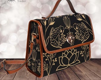 Almost Black Frog Purse, Canvas Satchel bag, Cute Witch women crossbody purse, Vegan handbag, Adjustable Strap, boho gift Cottagecore