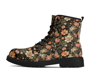 Small Print Botanical Monarch Butterfly Combat Boots, Floral Lace Up Ankle Boots, Cottagecore Boho Festival Vegan Leather Luxe Paxton Boots