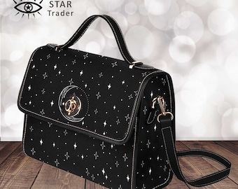 Hand-Touched Grunge Moon Purse, Witch Canvas Satchel Diamond Sparkles, cross body purse, vegan hand bag