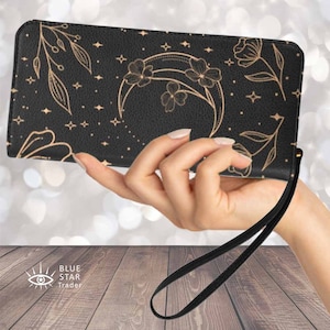 Witchy Clutch Purse, Womens 8 Inch Wallet, Moon Flowers Black Witchy Wallet USA
