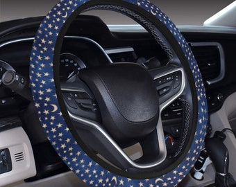 Blue Small Stars Moons Neoprene Celestial Steering Wheel Cover, Magic Witch Galaxy, Astrology, Astronomy Vehicle Protector with Elastic
