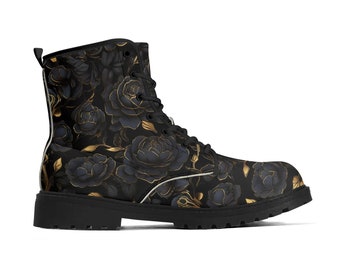 Goth Schwarz Gold Rosen Stiefel Kampfstil Herren Damen Rockabilly, Gothic Schuhe, Dark Romantische Victorian Unisex