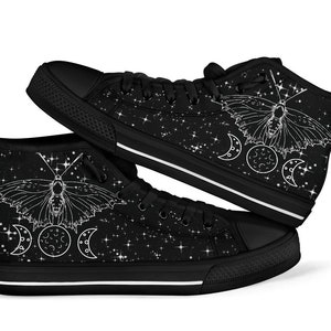 Transformation Moth Moons High Tops Men's Women's Ankle Shoes Black Sneakers Witch Wicca Pagan Celestial Galaxy