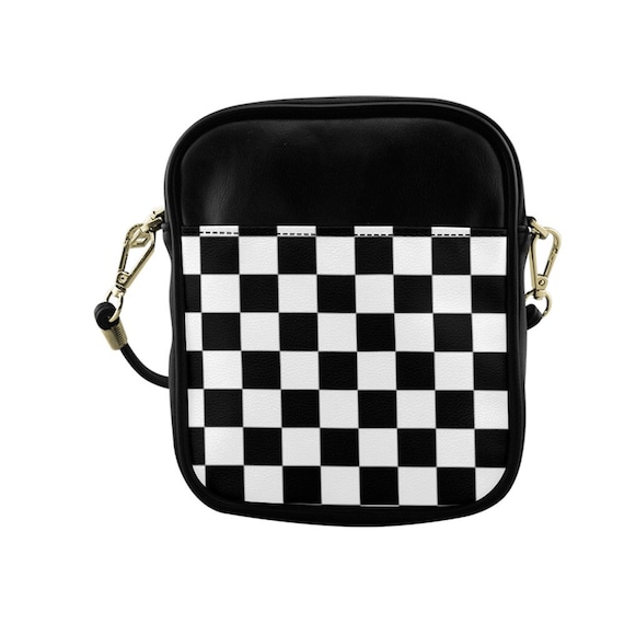 Mini Checkered Bag, Black White Vegan Leather Sling Bag, Small Crossbody Bag, Cute Mini Phone Bag Purse