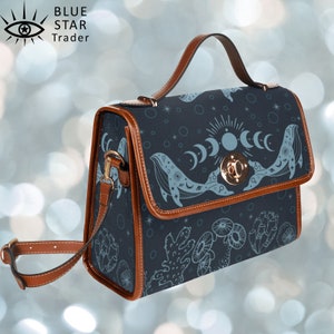 Blue Whale Canvas Satchel Purse, Shoulder Bag, Witchy Ocean Bag, Cute women cross body purse Cottagecore Moon Phases