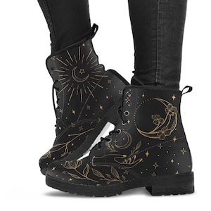 Moon Flowers Black Vegan Lace Up Boots, Women's Boots, Mens Boots, Artistic Combat Style with Black Soles Wiccan Pagan Magical Magick