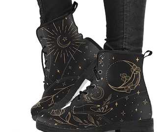 Size EU35 Youth 2.5/Womens Size 4 Moon Flowers Black Vegan Lace Up Boots, (Quick Ship)