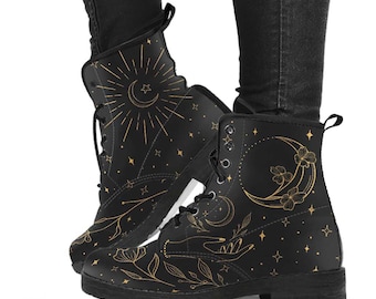 Moon Flowers Black Vegan Lace Up Boots, Women's Boots, Mens Boots, Artistic Combat Style with Black Soles Wiccan Pagan Magical Magick