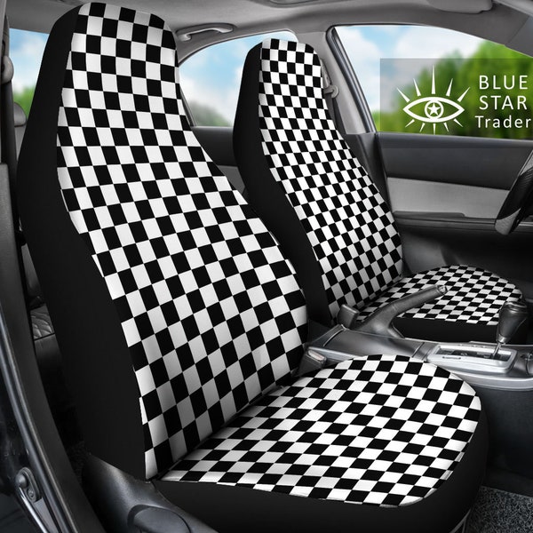 Black White Checkered Car Seat Covers (Set of 2) Interior Car Accessories Checkers Racing Cheap Trick Skater Gift Checker