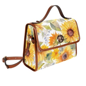 Yellow Sunflowers Purse, White Canvas Satchel bag, Cute womens cross body purse, Flowers Bag, Summer hand bag, Adjustable shoulder strap