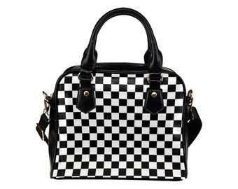 grey and white checkered purse