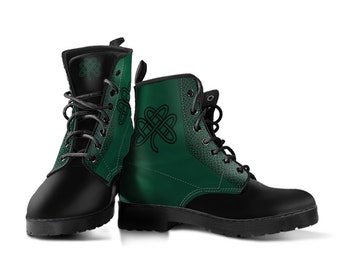 Green Celtic Clover Boots Combat Style Men's Women's with Black Soles St. Patrick's Day Irish Shamrock Boots