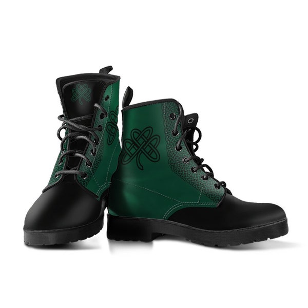 Green Celtic Clover Boots Combat Style Men's Women's with Black Soles St. Patrick's Day Irish Shamrock Boots