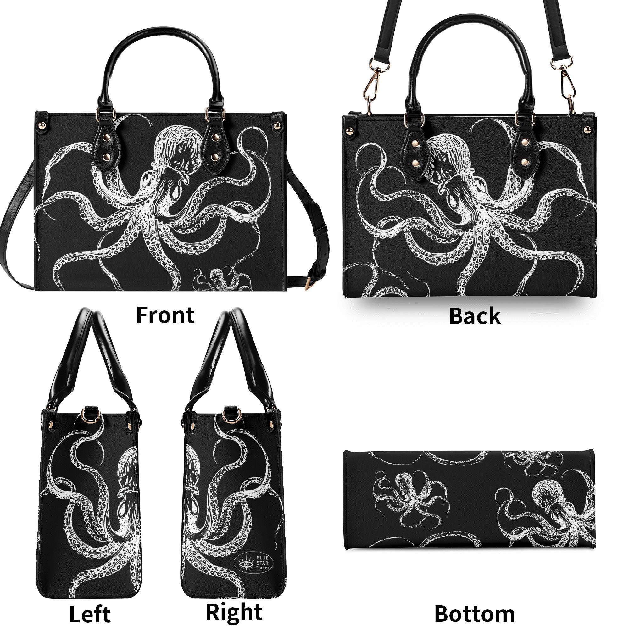 Black White Octopus Purse, Faux Leather Hand Bag, Cute Womens Shoulder Bag