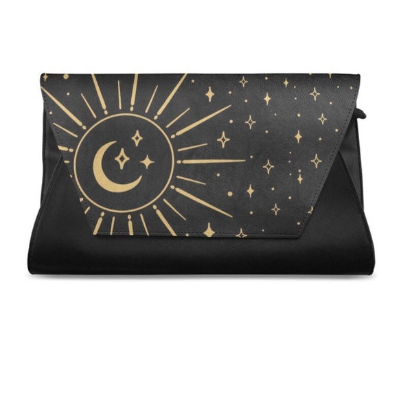 Sun Moon Stars Clutch Bag, Witch Womens 11 Inch Black Handbag Purse handtasche