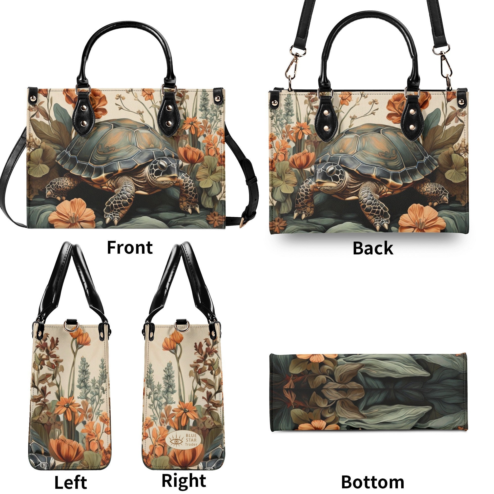 Turtle Purse Handbag, Vegan Leather Bag, Forest Tortoise Shoulder Bag