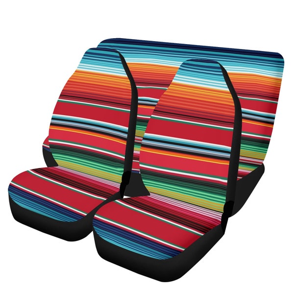 Colorful Serape Stripes Car Seat Covers Set, Mexican Blanket Print Car Accessories, Car Mats, Steering Wheel Cover