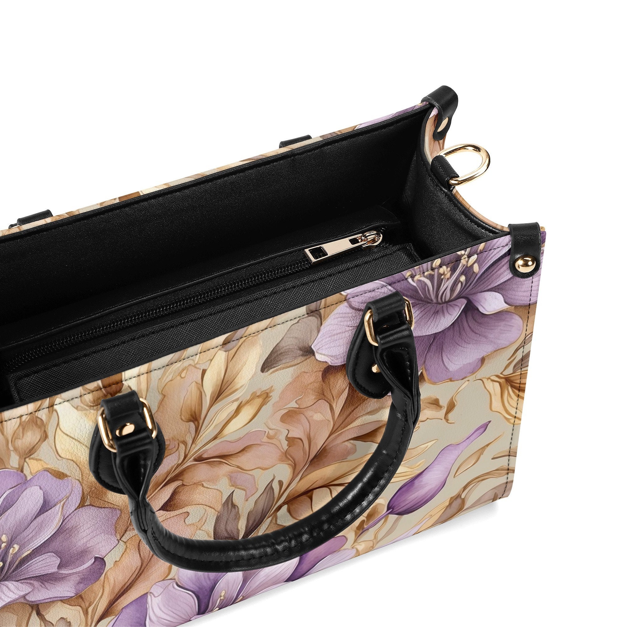 Elegant Light Purple Floral Purse, Lavender Tan Flowers Vegan Leather Hand Bag