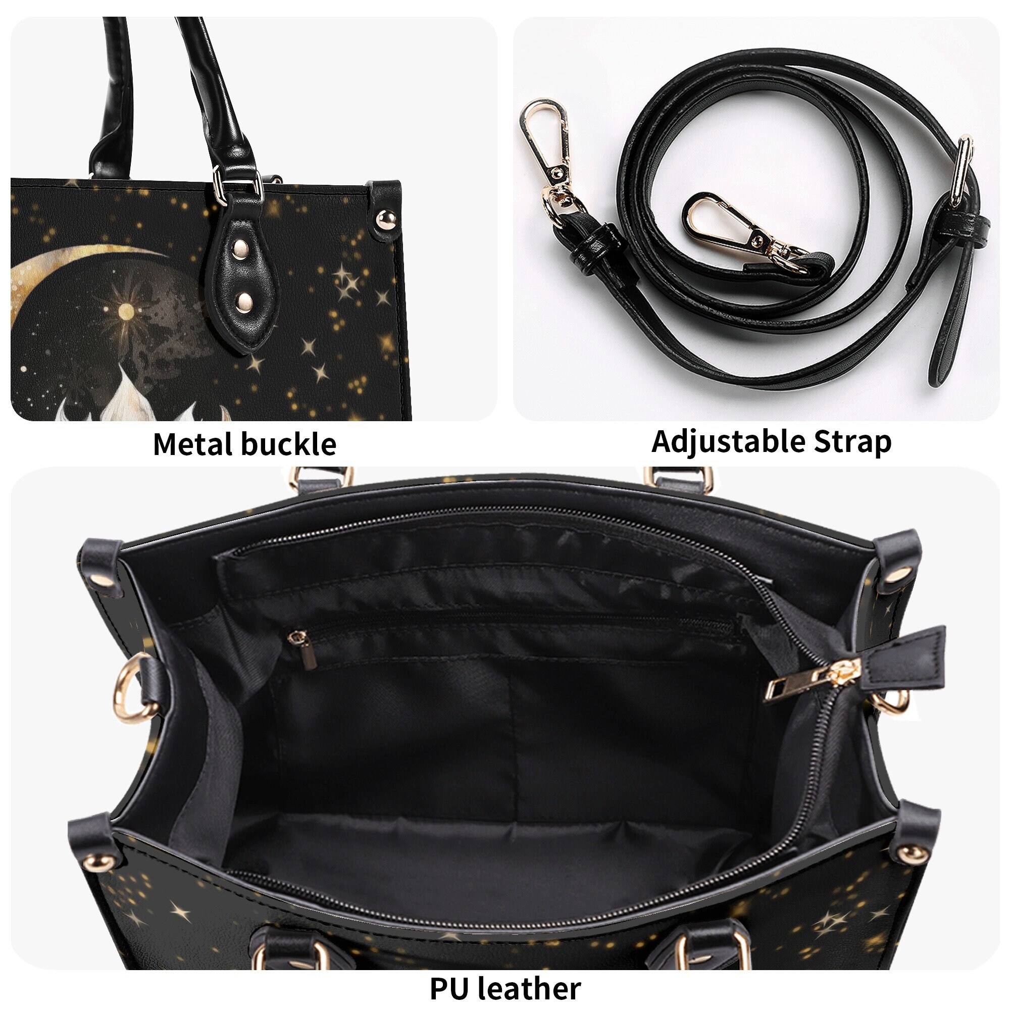 Witchy Lotus and Crescent Moon Faux Leather Purse, Cute women Hand Bag