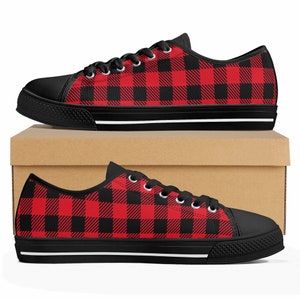 Red Buffalo Plaid Low Tops Men's Women's Shoes Red Checkered Sneakers Lumberjack Pattern, Black Accents