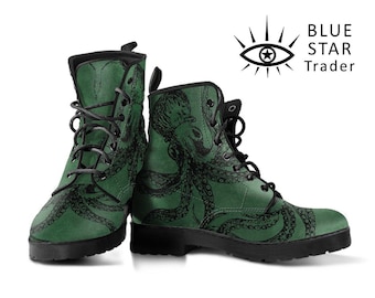 Green Octopus Boots, Goth Steampunk Combat Style Men's Women's Rockabilly, Gothic Shoes, Dark Victorian