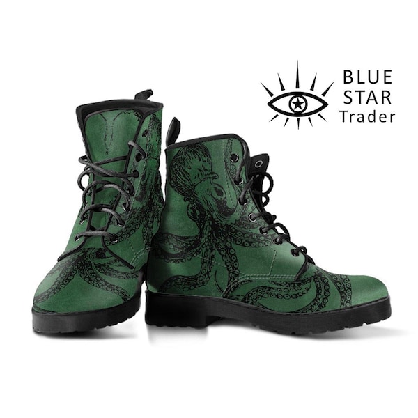 Green Octopus Boots, Goth Steampunk Combat Style Men's Women's Rockabilly, Gothic Shoes, Dark Victorian
