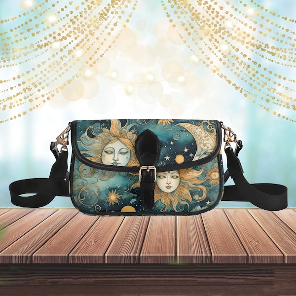 Ethereal Sun Goddess Small Buckle bag, Teal Blue Clouds Stars Moon Vegan Handbag, Cottagecore Purse, Small 10 inch bag