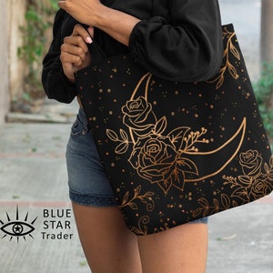 Cute Flower Moon Witch Tote Bag, Cottagecore Grocery Bag, Reusable Shopping Bag, Black Witch Bag Pagan Tote
