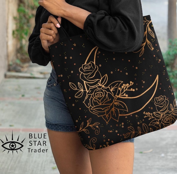 Canvas Tote Bag with Mushroom, Moon, and Stars Decoration - Handcrafted  Eco-Friendly Bag, Reusable market bag