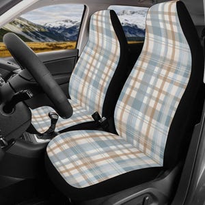 Light Blue and Brown Plaid Car Seat Covers, Neutral Colors Car Accessories for Men Women, Unisex