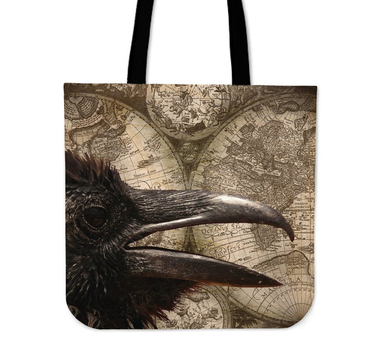 Black Bird Aged Sepia Canvas Tote Bag Steam Punk Trendy Modern Dark Gothic