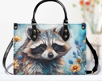 Raccoon Luxury Purse, Blue Cheerful Vegan Leather Cottagecore Handbag, Forest Woodland Animals Shoulder Bag, Womens Satchel Luxe Jane