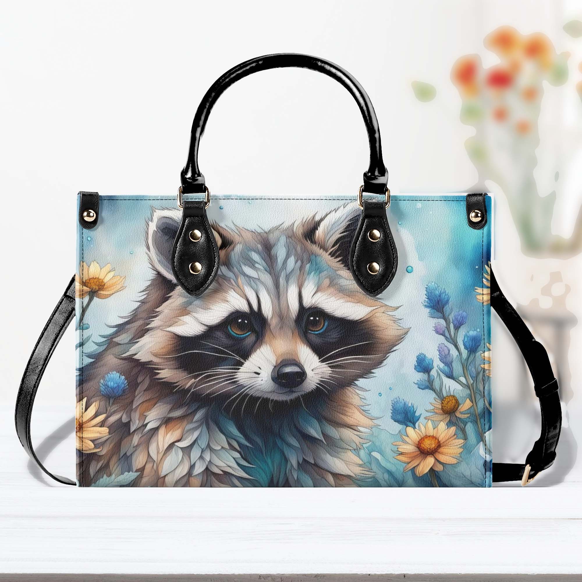 Raccoon Luxury Purse, Blue Cheerful Vegan Leather Cottagecore Handbag