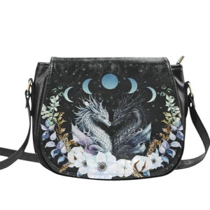 Dragons in Love Purse, Witchy Crossbody Bag, Floral Saddlebag, Vegan Saddle Bag Purse, Moon Phases Floral Shoulder Bag