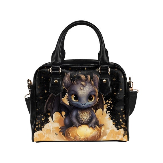 Cute Black and Gold Baby Dragon Purse Fantasy Shoulder Bag