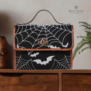 Gothic Bats Purse, Spiderwebs Canvas Satchel bag, Vegan Hand Bag Goth Bag, Halloween Costume Adult Cosplay, Spooky Black cross body purse