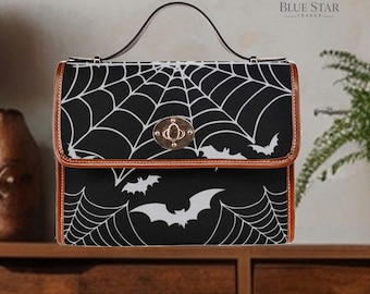 Gothic Bats Purse, Spiderwebs Canvas Satchel bag, Vegan Hand Bag Goth Bag, Halloween Costume Adult Cosplay, Spooky Black cross body purse