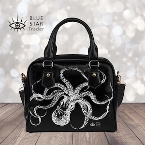 Black Goth Bag White Octopus Small Vegan Handbag | Steampunk Bowler Bag | Shoulder Bag Sea Creature, Satchel Purse