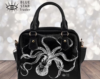 Black Goth Bag White Octopus Small Vegan Handbag | Steampunk Bowler Bag | Shoulder Bag Sea Creature, Satchel Purse