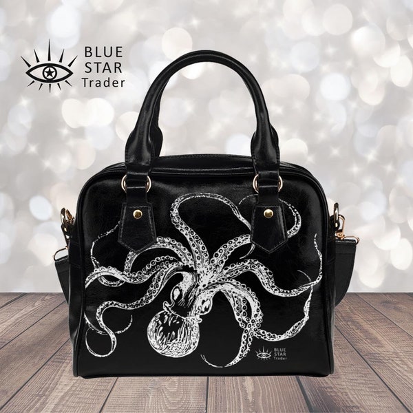 Black Goth Bag White Octopus Small Vegan Handbag | Steampunk Bowler Bag | Shoulder Bag Sea Creature, Satchel Purse