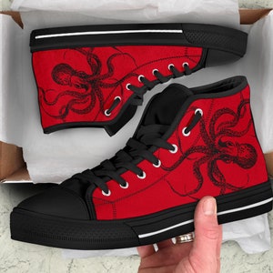 Red and Black Octopus High Tops Men's Women's Ankle Shoes Black Sneakers Steampunk Kraken Design