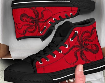 Red and Black Octopus High Tops Men's Women's Ankle Shoes Black Sneakers Steampunk Kraken Design