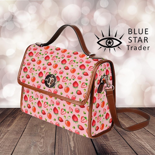 Kawaii Pink Geldbörse Rote Erdbeeren Canvas Umhängetasche, süße Obst Cross Body Geldbörse, vegane Lederband Handtasche, Boho Geschenk Cottagecore