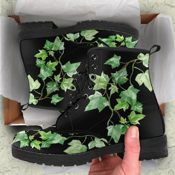 Green Ivy Boots, Summer Combat Boots, Boho Leaves, Black and Green Shoes, Women's Boots, Vegan Leather