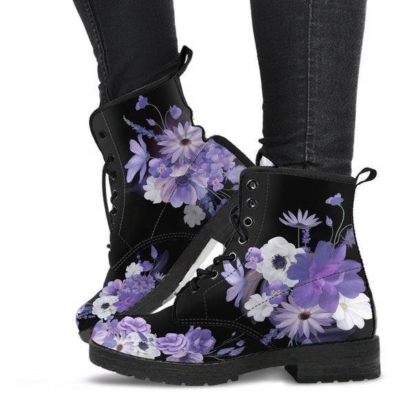 Purple Flowers Boots, Purple Floral Shoes, Custom Boots, Women's Boots, Vegan Leather, Cottagecore Boots