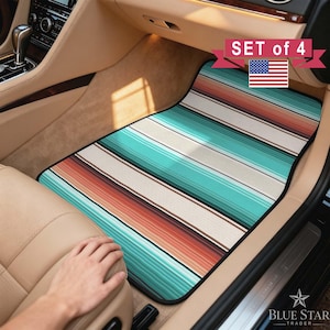 May include: A set of 4 car floor mats featuring a horizontal striped pattern in shades of turquoise, cream, and terracotta. The mats are installed in the footwell of a vehicle interior. The image includes the text SET of 4 and a US flag icon.