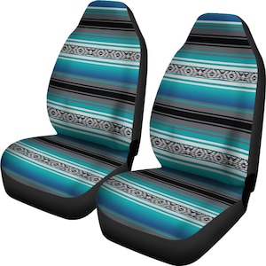Turquoise Serape Stripes Car Seat Covers, Printed Mexican Blanket Design Car Accessories, (Set of 2)