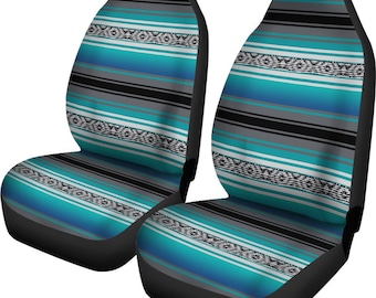 Turquoise Serape Stripes Car Seat Covers, Printed Mexican Blanket Design Car Accessories, (Set of 2)